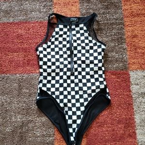 Checker board zip up mesh swim suit